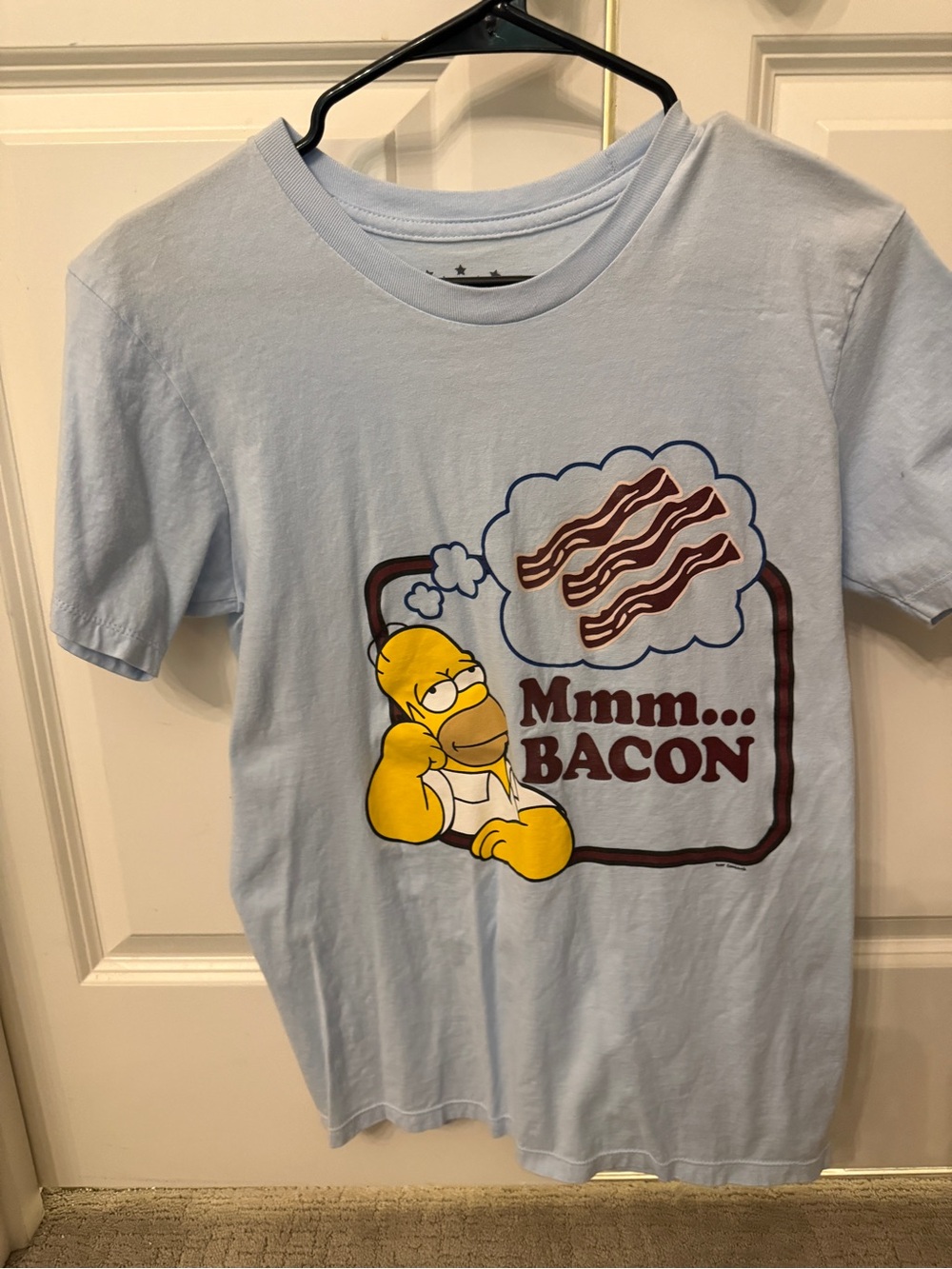 Universal Light Blue T-Shirt with Homer Simpson and Bacon Print